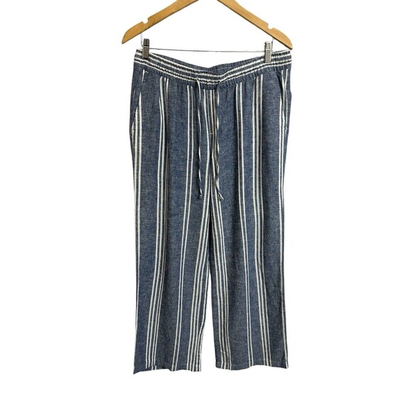 Old Navy Linen Blend Pants Women's M Blue & White Striped Beachy Wide Leg - Picture 2 of 7